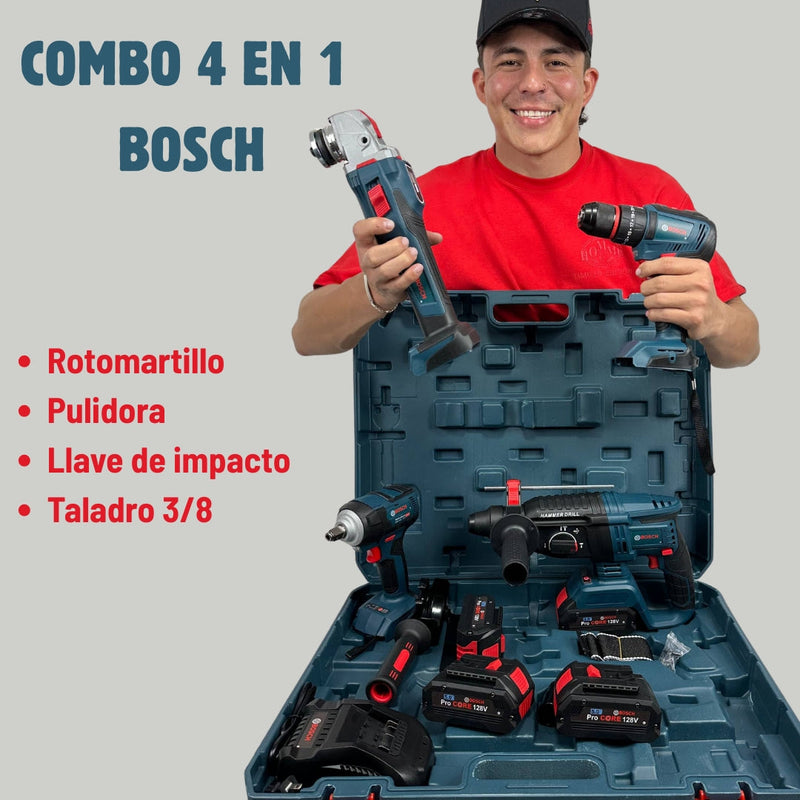 Combo 4 en 1  BOSCH (Pulidora 10.000 RPM, Rotomartillo Triple Función, Taladro 3/8 y Llave de Impacto 400 Nm) Brushless Motor, 4 Baterías.