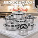 Juego SWISSHOME de 6 ollas+ tetera  en Acero Inoxidable Grado Quirurgico (BLACK NOVEMBER)