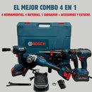 Combo 4 en 1  BOSCH (Pulidora 10.000 RPM, Rotomartillo Triple Función, Taladro 3/8 y Llave de Impacto 400 Nm) Brushless Motor, 4 Baterías.