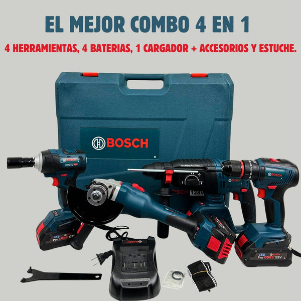 Combo 4 en 1  BOSCH (Pulidora 10.000 RPM, Rotomartillo Triple Función, Taladro 3/8 y Llave de Impacto 400 Nm) Brushless Motor, 4 Baterías.
