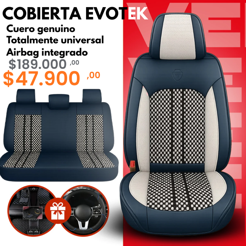 Funda universal completa para coche Evotek en piel auténtica con airbag + REGALOS GRATIS: 3 alfombrillas y funda para volante