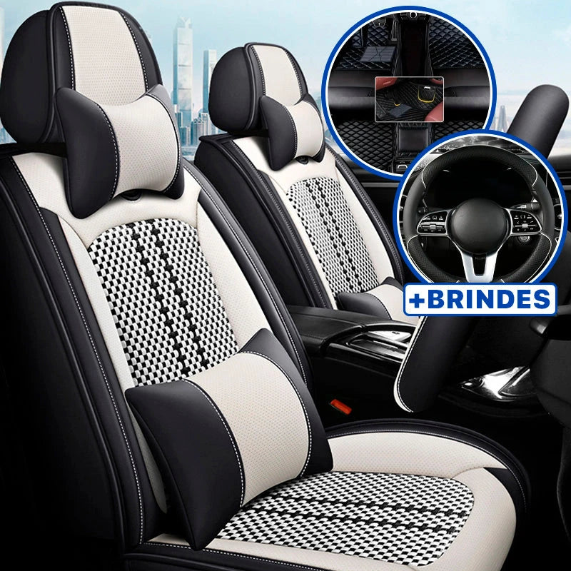 Funda universal completa para coche Evotek en piel auténtica con airbag + REGALOS GRATIS: 3 alfombrillas y funda para volante