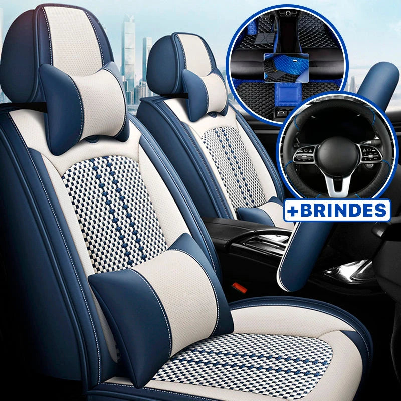 Funda universal completa para coche Evotek en piel auténtica con airbag + REGALOS GRATIS: 3 alfombrillas y funda para volante