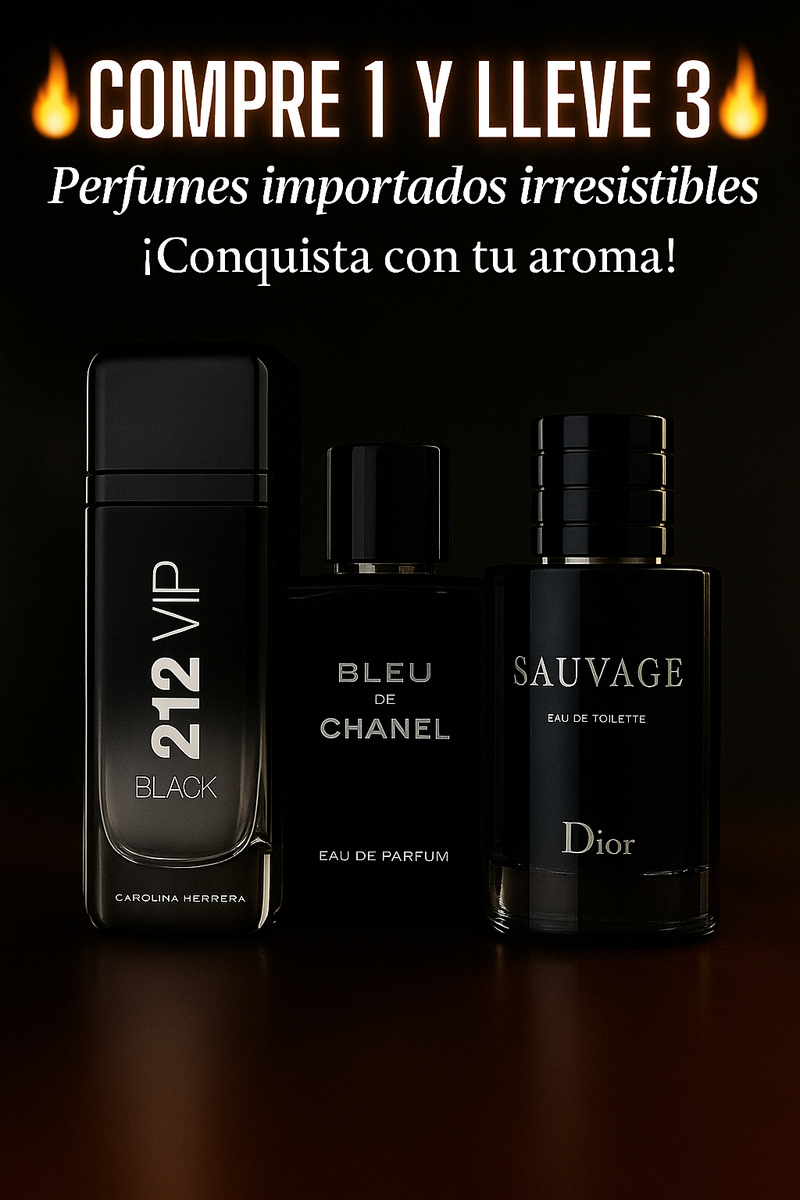 🔥 COMPRE 1 Y LLÉVESE 3 PERFUMES IMPORTADOS 🔥 Sauvage + Bleu de Chanel + 212 VIP (100ml)